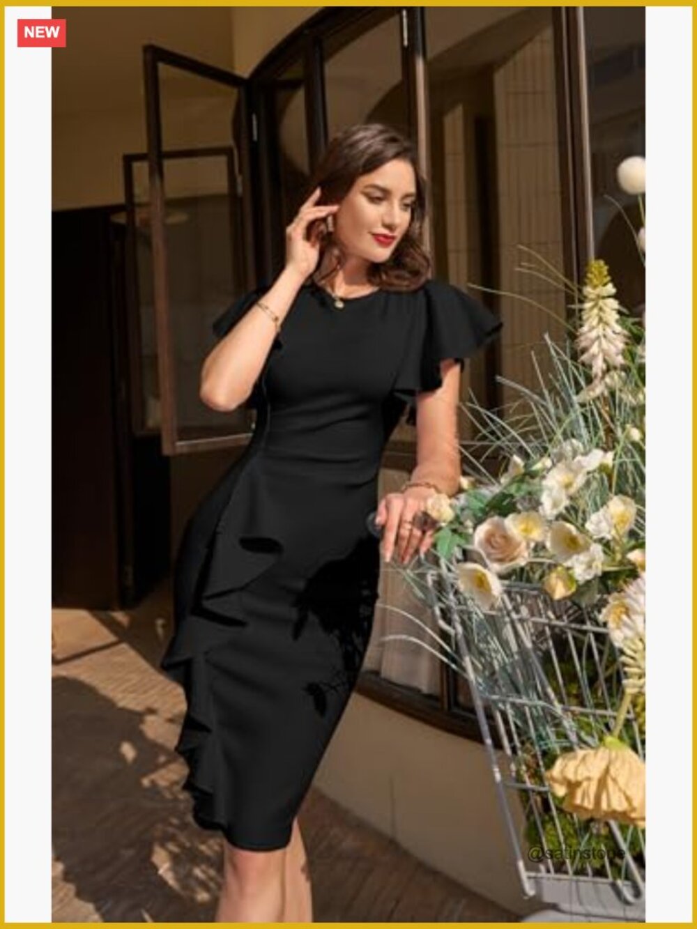 Vintage Church Ruffle Sleeve Ruched Bodycon Midi Pencil Dress - Picture 4 of 7